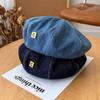 Denim Beret Women's Big Head Circumference Spring and Autumn Letters Denim Blue Hat Round Face Retro Octagonal Painter Hat