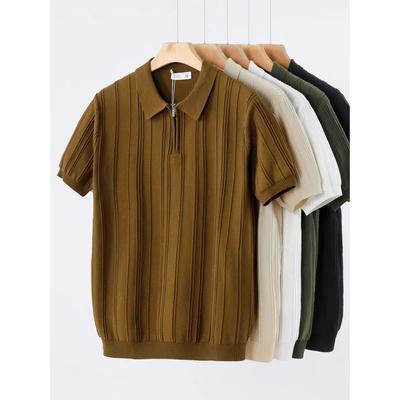 Jersey fino de punto de manga corta con media cremallera para hombre, camiseta 2025 verano nueva seda de hielo cuello vuelto manga media