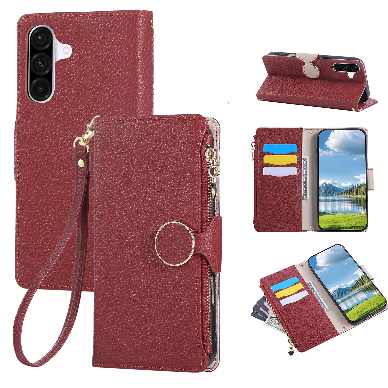 

For Samsung Galaxy A15 4G/5G Case Zipper Wallet Leather Phone Cover with Wrist Strap Wine Red