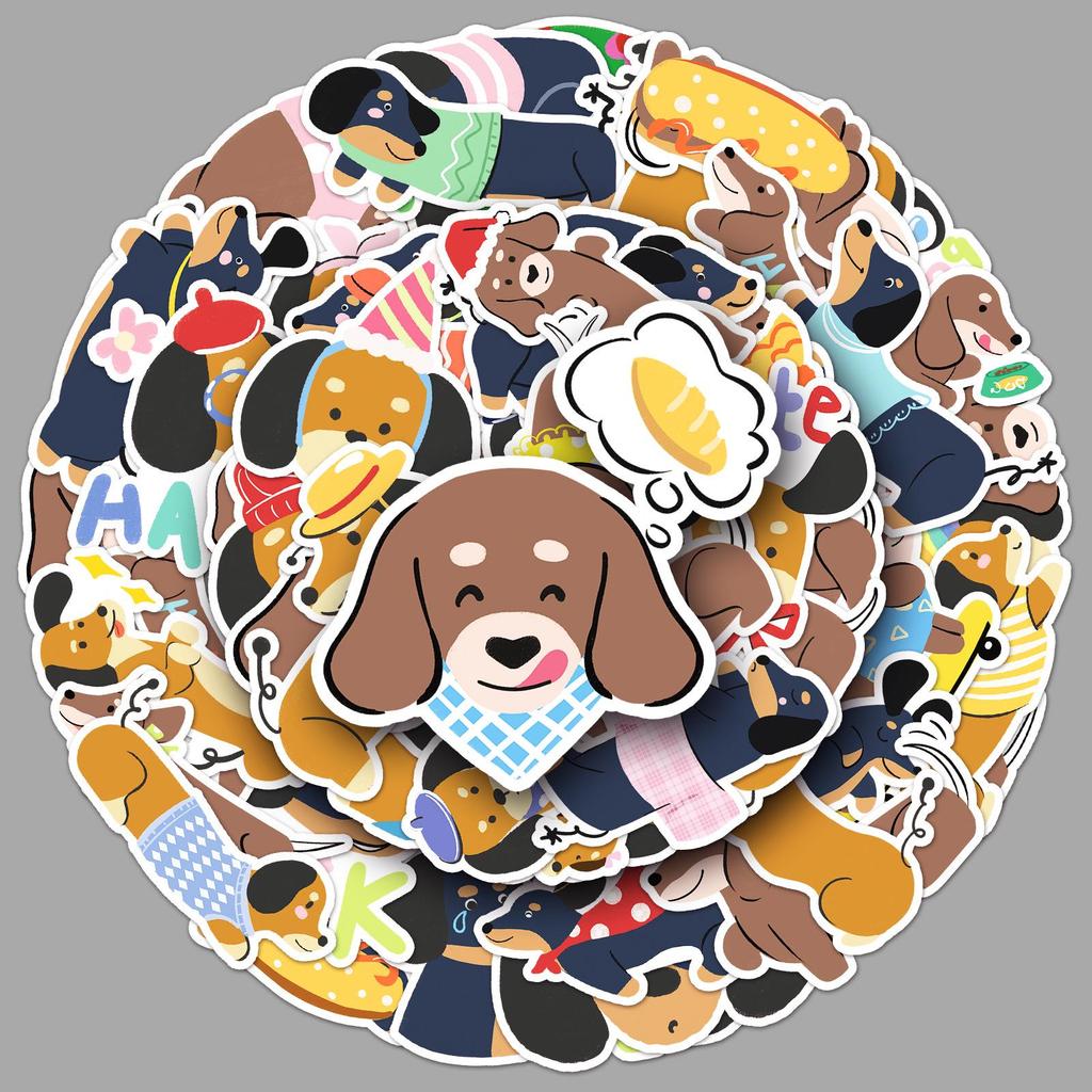 50 Cute Dachshund Dog Stickers - Cartoon Animal Waterproof Decorative Set