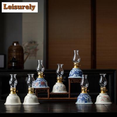 Wood Ash Ceramic Butter Lamp Chinese Nostalgic Kerosene Lamp Household Interior Atmosphere Lamp Retro Tea Ceremony Decoration