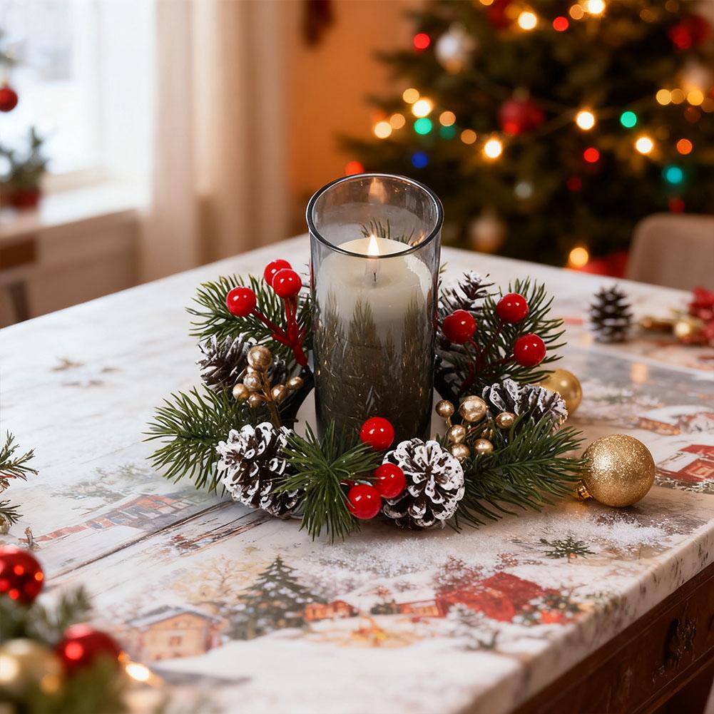 Christmas Candle Rings Wreaths Artificial Norfolk Pine Branches Red Berry Branch Candle Holder Rings Decoration for Centerpieces