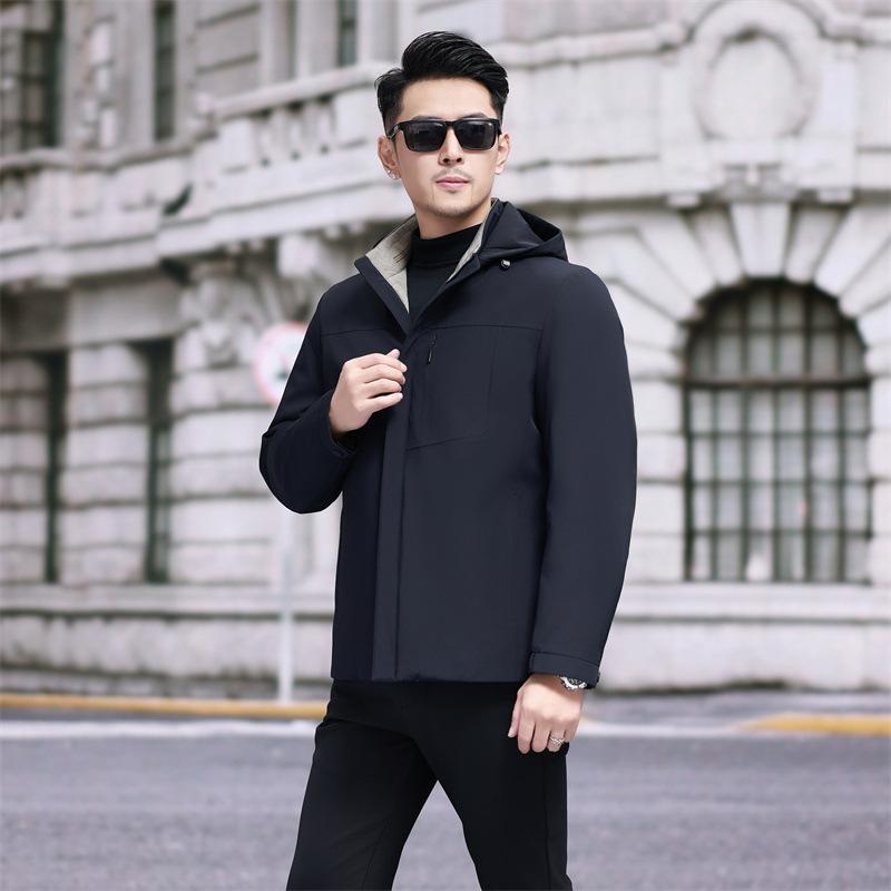 Navy Blue Men's Business Hooded Jacket Jacket with A Crisp Cotton Wool Men's Outer Shirt