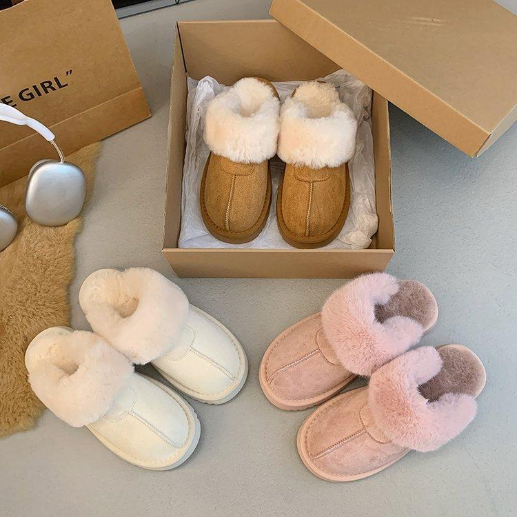 Fur integrated fluff slippers women's outer wear 2025 new bag head thick-soled snow boots heightened half-tow wool slippers