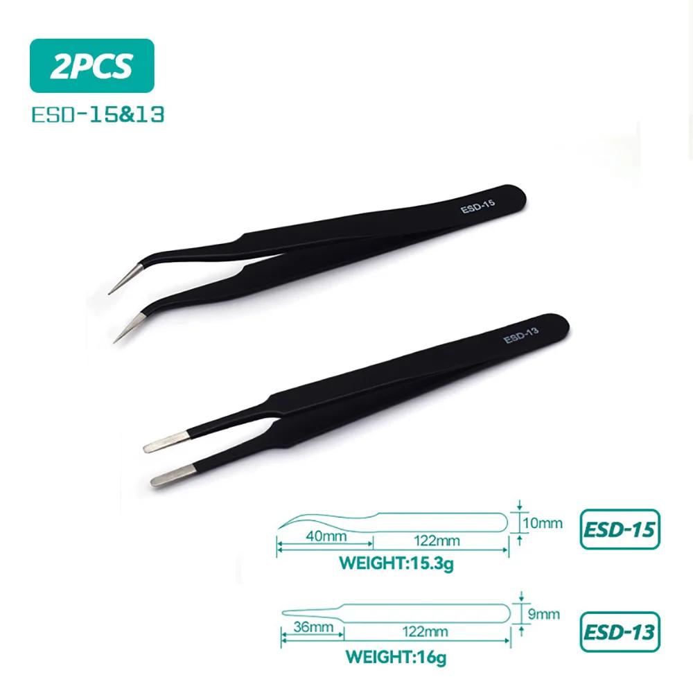 2/6pcs Precision Tweezers Set ESD Anti-Static Stainless Steel Tweezers Repair Tools for Electronics Repair Soldering Craft Tools