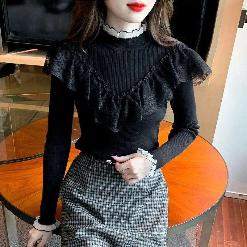 Half High Collar Bottoming Blouse for Women's Spring Autumn Winter New Pullovers Sweater Ruffle Edge Knitted Top