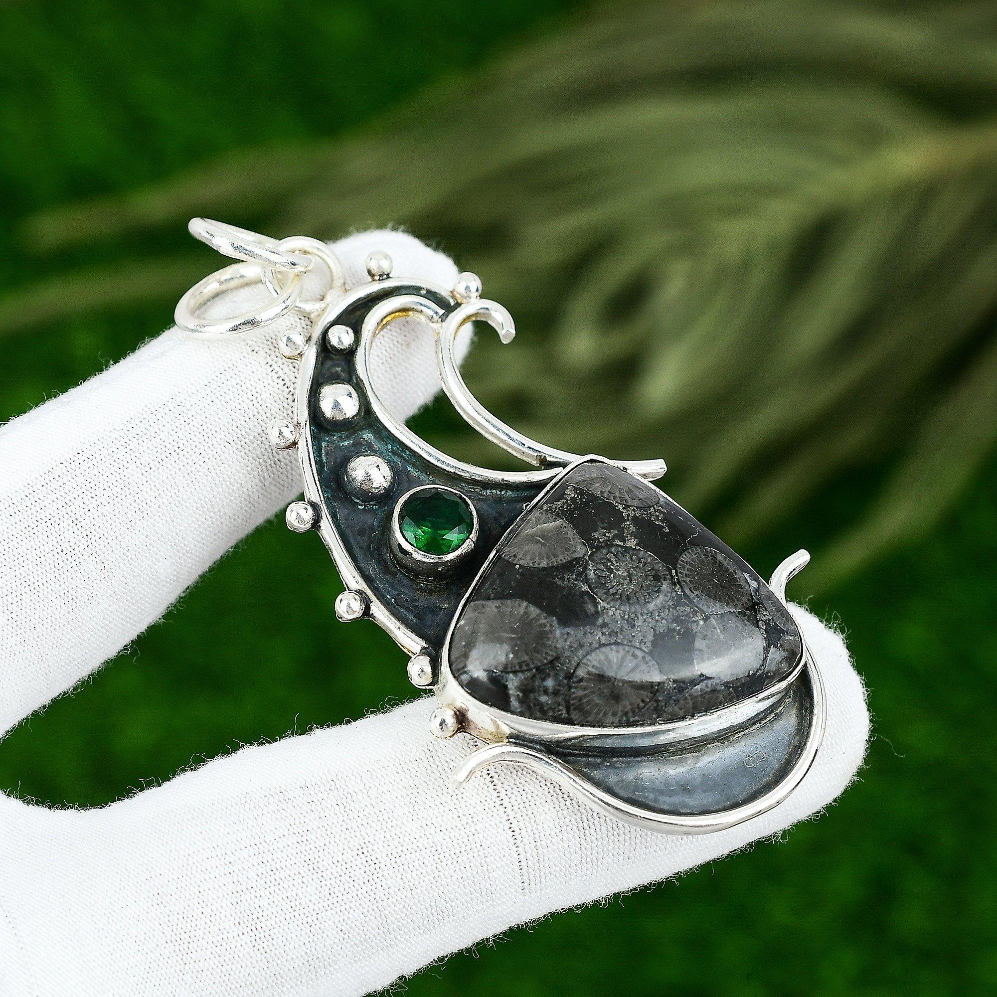 

925 Sterling Silver Black Fossil Coral Gemstone Diopside Bezel Birthday Pendant