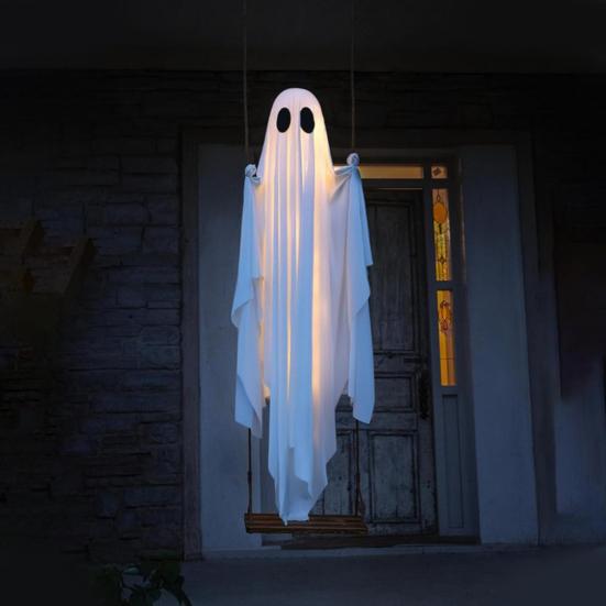 5FT Large Hanging Swing Ghost Halloween Decor LED Lighted Outdoor Swing White Ghost for Porch Yard Garden Tree Decor