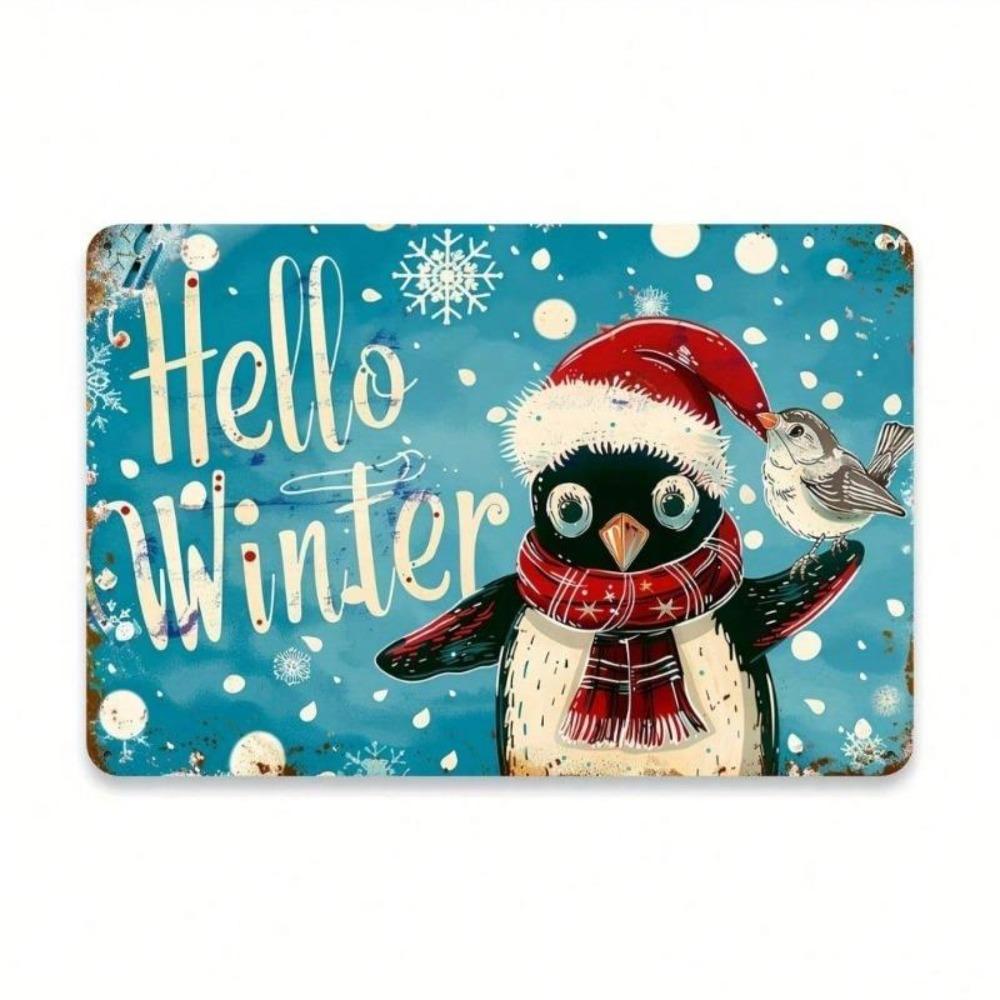 Vintage Penguin Santa Hat Metal Tin Sign 12x8 inch Retro Blue Snowflake Hello Winter Wall Art Home Office Cafe Pub Garage Bar Man Cave Xmas Decoration