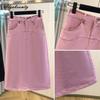 Plus Size Spring Autumn Women Office Lady A-Line Skirt High Waist Pink Black Stretchy Denim Skirt Elegant Feminine Split Midi Skirt