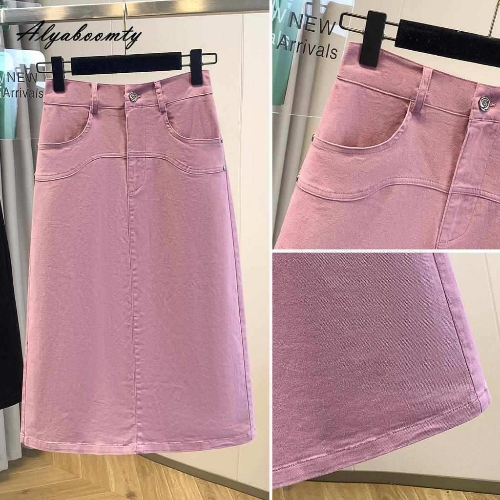 Plus Size Spring Autumn Women Office Lady A-Line Skirt High Waist Pink Black Stretchy Denim Skirt Elegant Feminine Split Midi Skirt