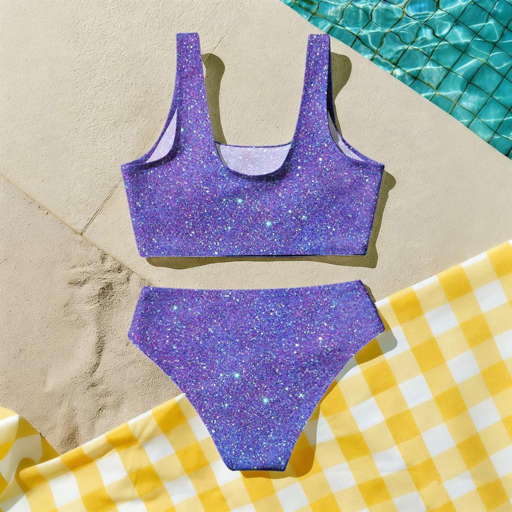 Costume da Bagno Due Pezzi per Bambina Set Top Corto Senza Maniche con Stampa di Paillettes e Slip a Vita Alta Costumi da Bagno per Bambini Estate Abbigliamento da Spiaggia
