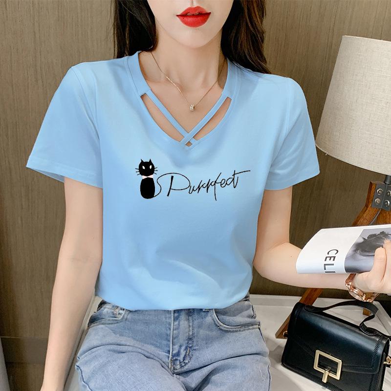 2025 Women's Korean Style V-Neck Short-Sleeve Solid Color T-Shirt