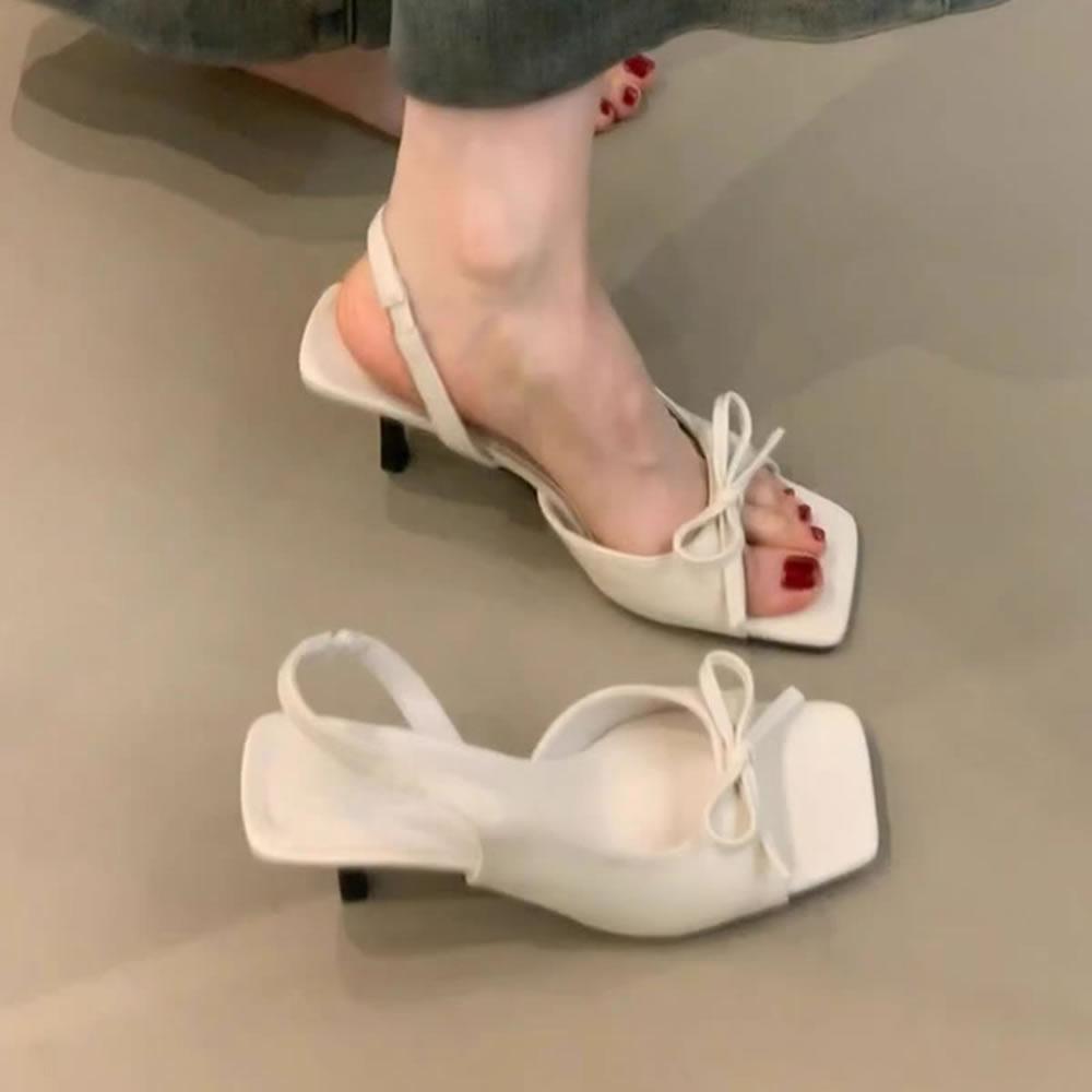 

Summer Fashion Butterfly-knot Satin Women Slipper Slip on Ladies Sandal Thin High Heel Outdoor Dress Slides Shoes 34 білий