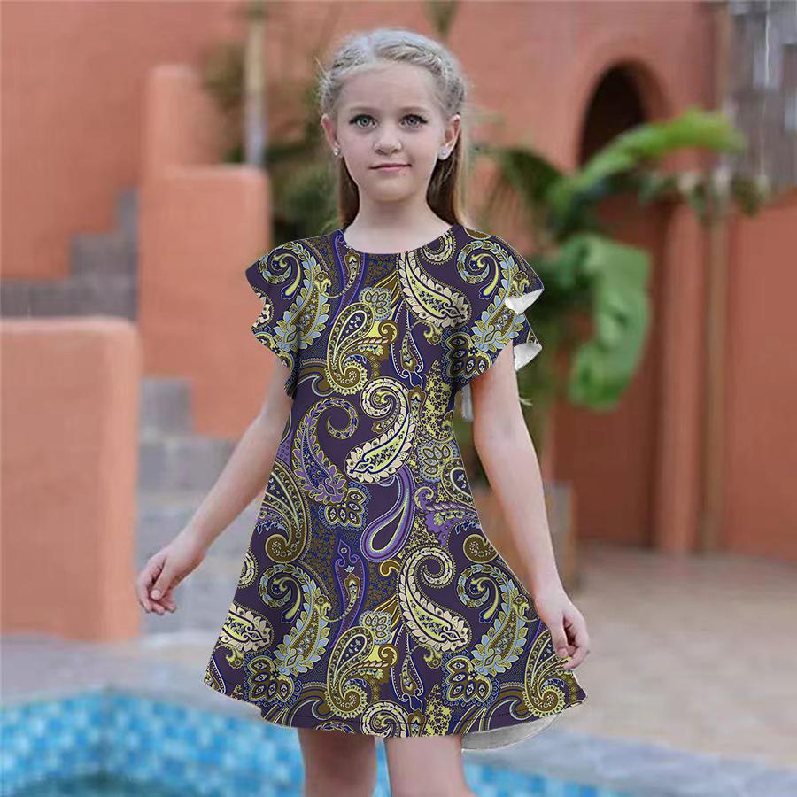 Girls Golden Cashews Print Dresses Kids Girl Party Dress Loose Fitting Loose Fitting Short Sleeved Skirt For Girls Over Four Years Old