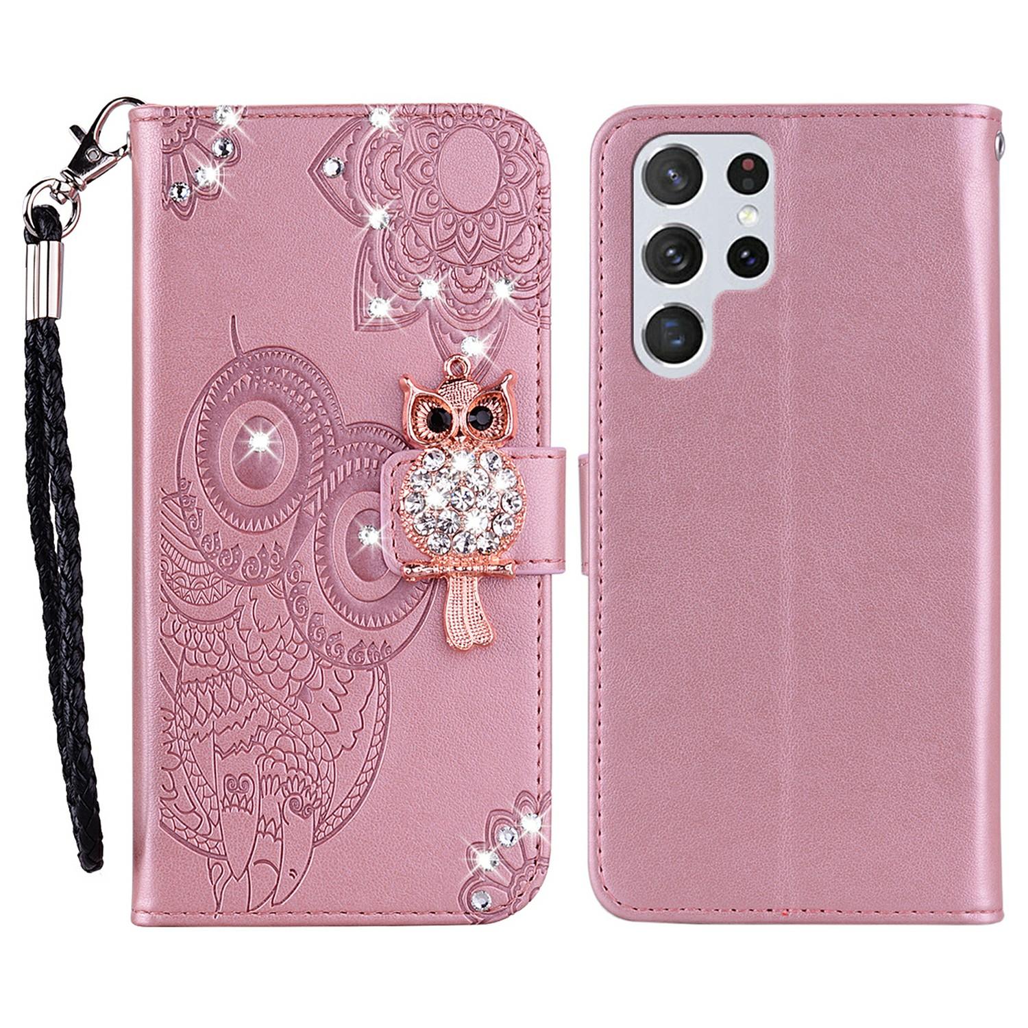 For Samsung Galaxy S25 Ultra Wallet Case Owl Flower Imprinted Rhinestone Leather Cover B