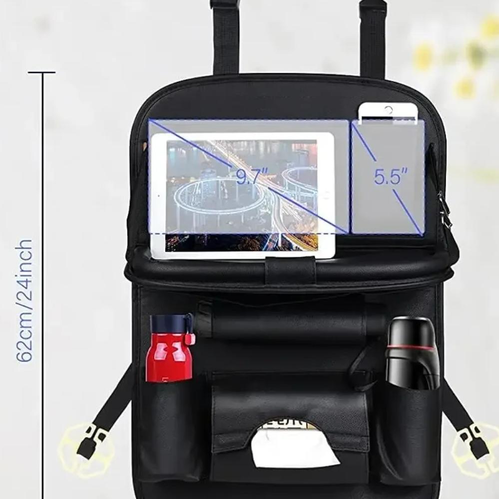 Car Seat Back Organizer with Foldable Table Tray PU Leather Storage Organizer Pockets Kick Mats Seat Interior Accessories