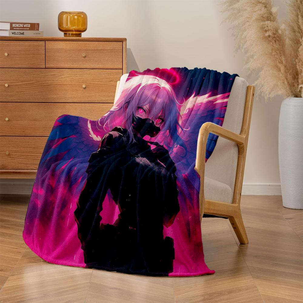 1pc Gothic Anime Angel Blanket - Heavyweight Plush Flannel All-Season Soft Bedspread with Dark Purple & Pink Winged Design, Mach