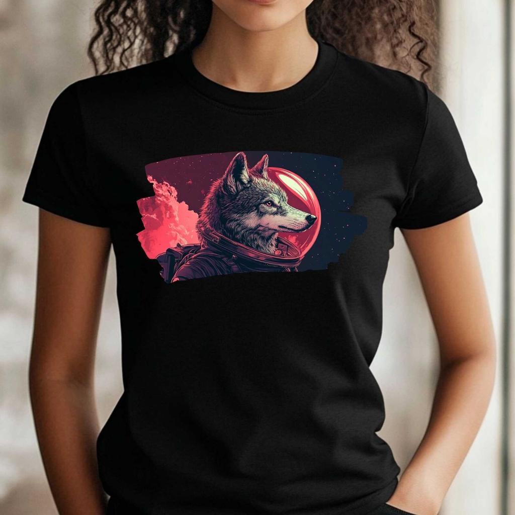 T-Shirt Frauen Wolf als Astronaut Motiv Baumwolle Größe XS bis 3XLWird in neuem Fenster oder Tab geöffnet