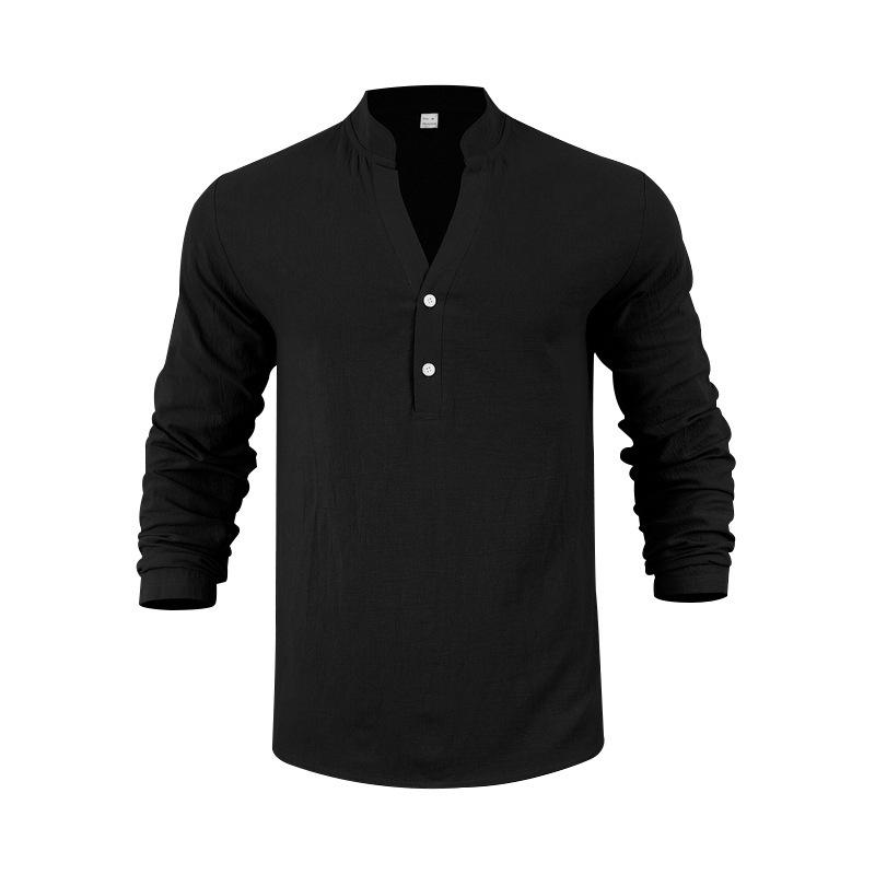 Linen Shirt Stand Collar Button-Up Men's Loose-Fit Casual Breathable V-Neck Henley Long-Sleeved T-Shirt for Men