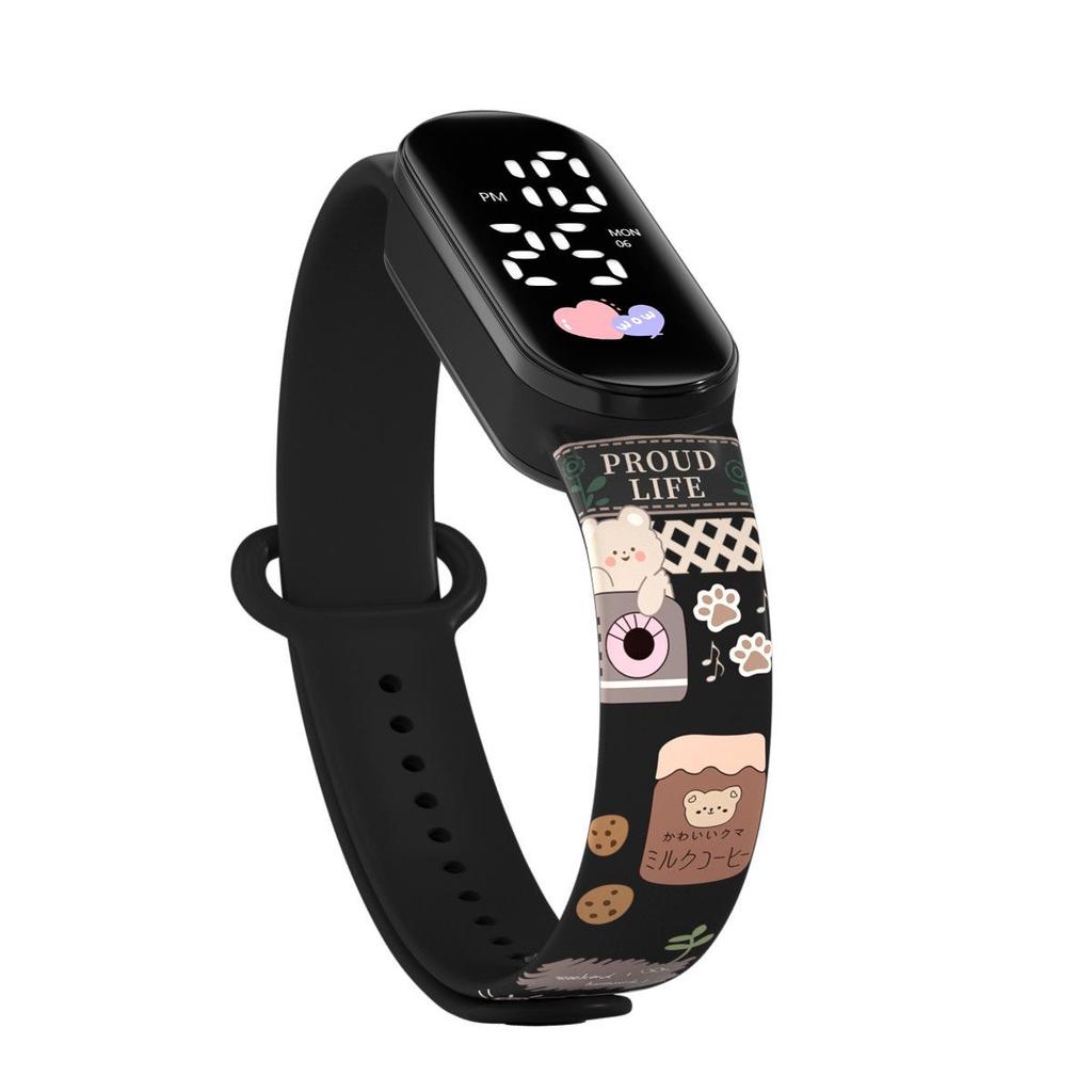 Girls' LED Cartoon Ink Waterproof Sports Watch with Luminous Bracelet Design