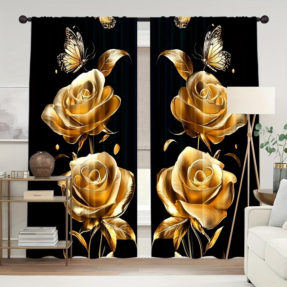 Golden Rose Butterfly Curtains All Season Home Decor Bedroom Living Room Kitchen Rod Not Included Curtain Polyester Perfect For Sitting