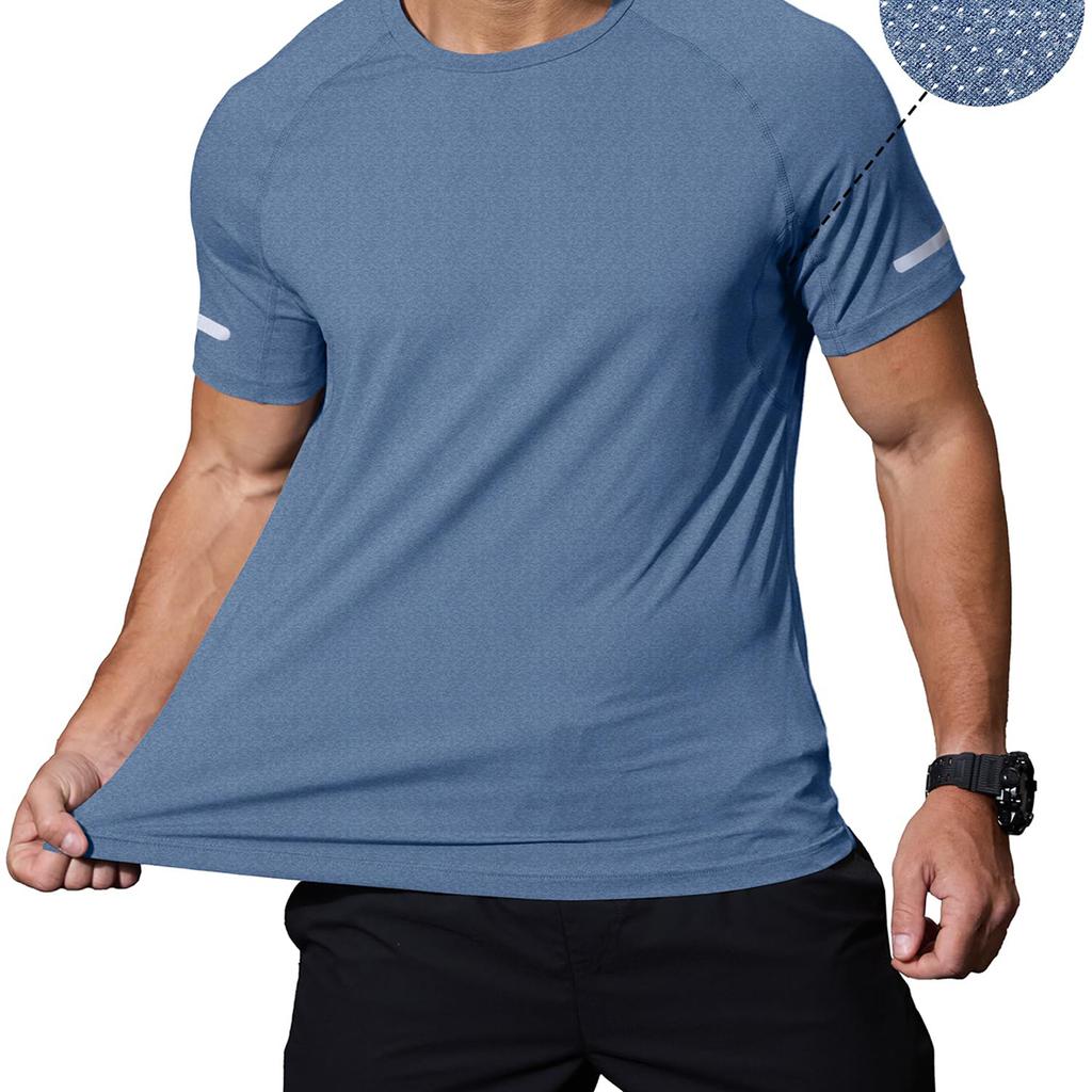Men's Color Cationic Neck Short Sleeve T-Shirt with Reflective Strip for Outdoor Sports and Casual Wear