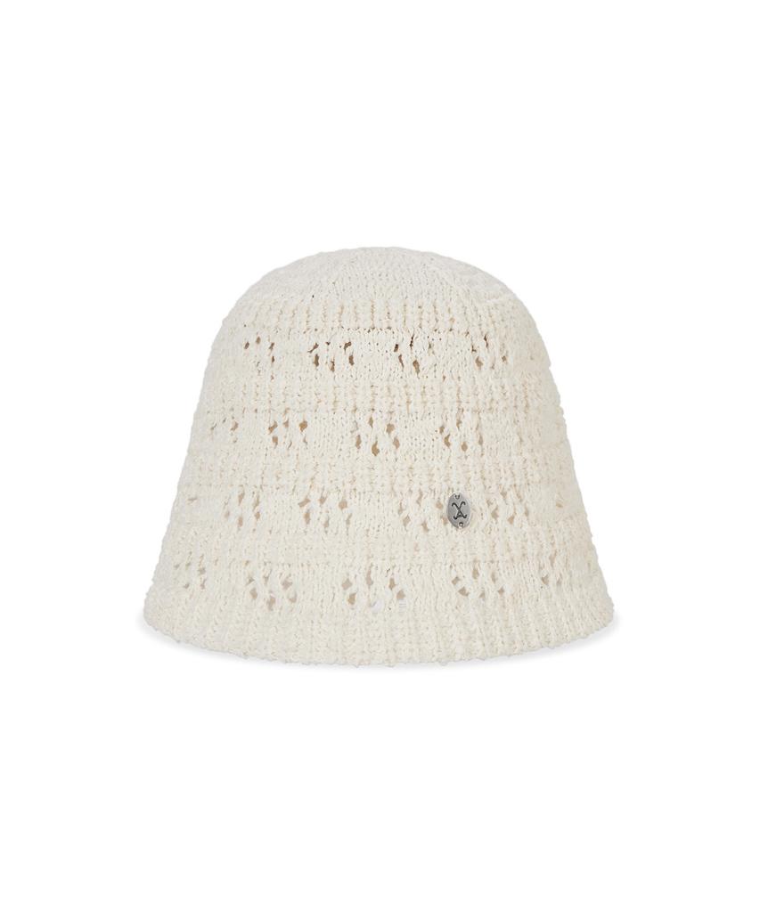 Bajal Va Curved Oval Metal Floral Punched Knit Bucket Hat Cream