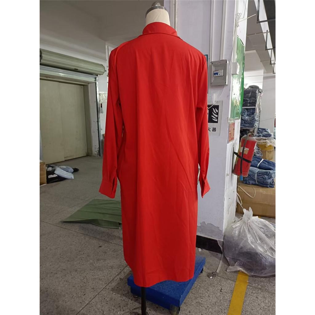 Women's Solid Color Long Sleeve Lapel Simple Loose Knee-length Shirt Dress