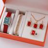 New Casual Fashion Leather Ladies Business Square Luxury Quartz Watch Korean Version Rhinestone Jewelry Set