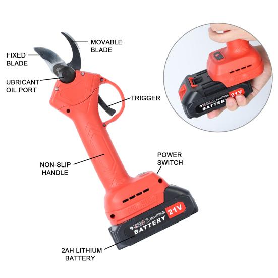 2 x 21V Elektrische Astschere Professionelle Akku-Baumschere mit scharfer Klinge Astschere mit 2 wiederaufladbaren Batterien 25mm Schnittdurchmesser