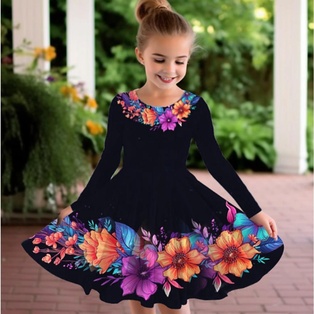 Mädchen Lässiges 3D-Blumenmuster Print Rundhals Langarm Kleid Kinder Prinzessinnenkleid