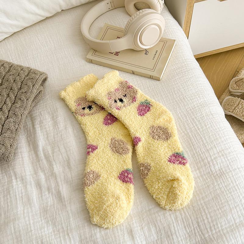 Fashion Coral Fleece Women Socks Warm Home Floor Socks Cartoon Strawberry Bear Socks Plush Mid Tube Sleep Socks