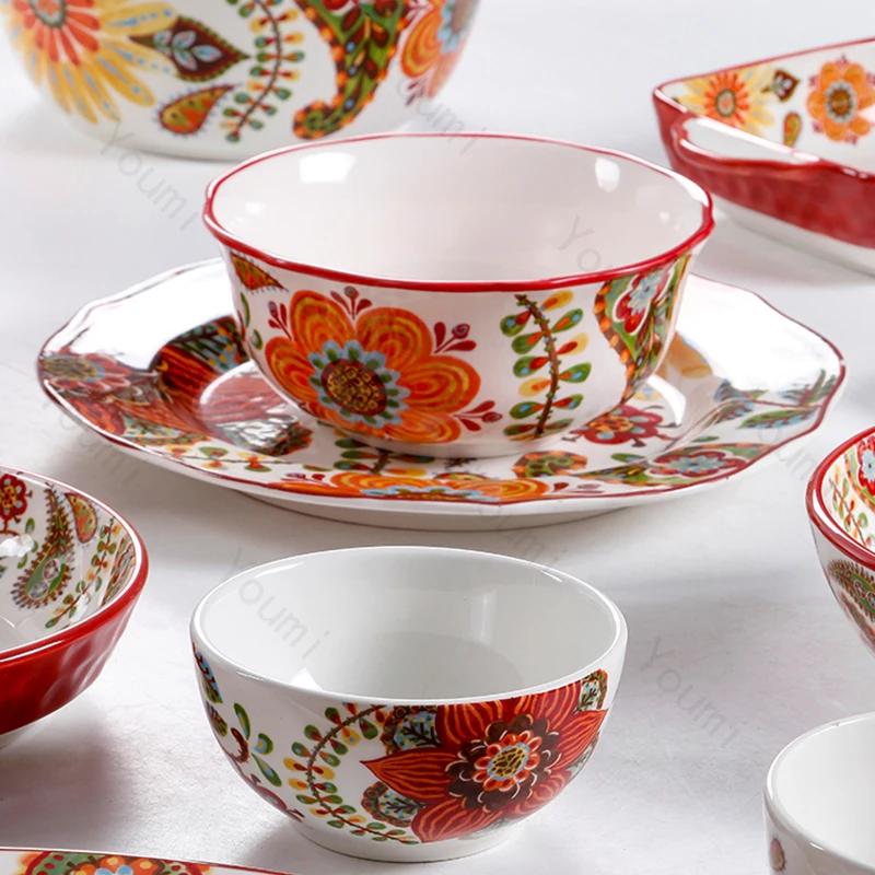 Creative Bohemian Style Ceramic Plates Retro Restaurant Salad Pasta Plate Delicious Dishes Large Soup Bowls Household Tableware