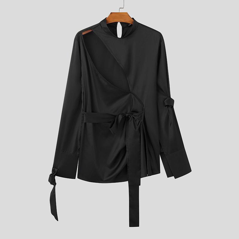 INCERUN Men Long Sleeve Cutout Satin Shirts Casual Solid Color Tops