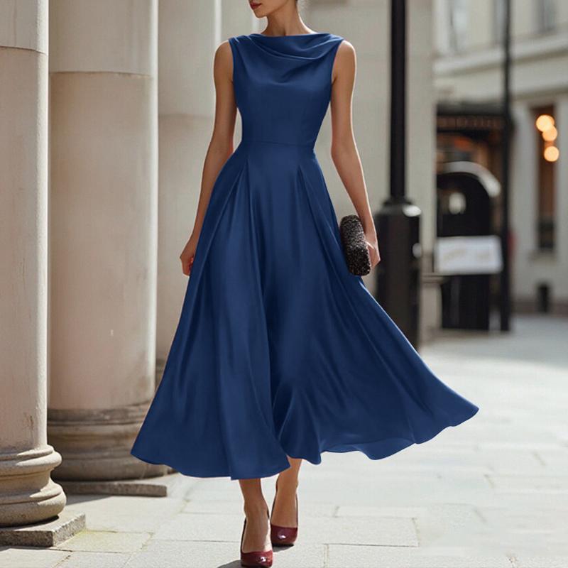 ZANZEA Women Elegant Pile Collar Casual Sleeveless A-line Satin Dress