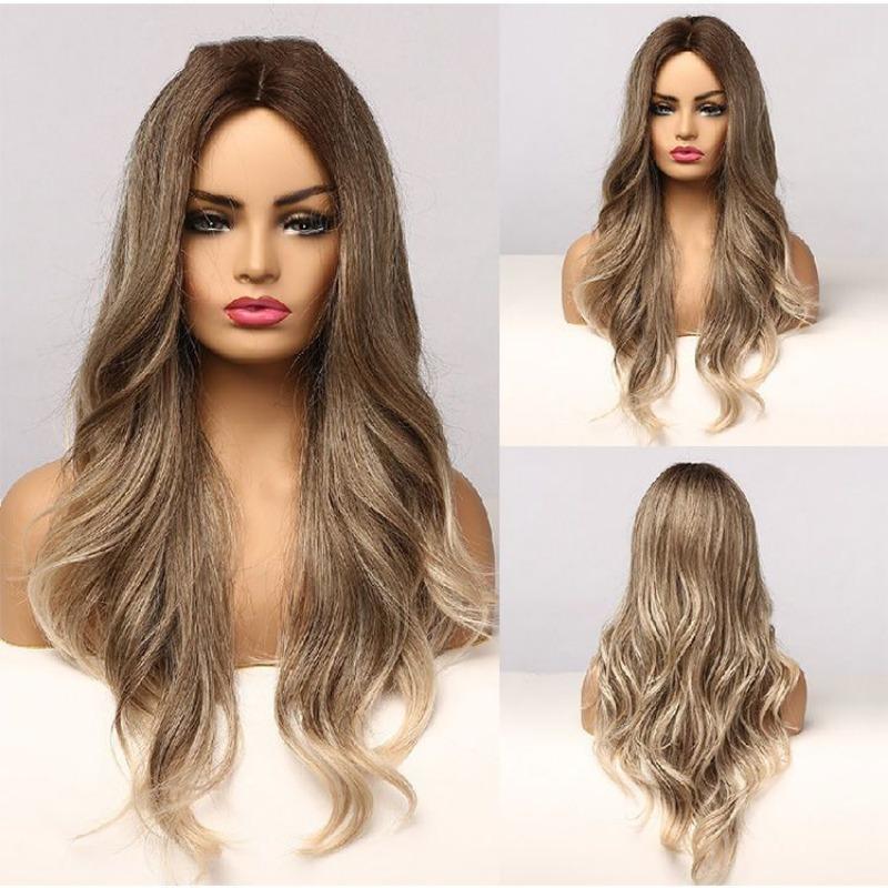 Women s Fashion Wigs: Brown and Blonde Ombré, Center-Parted Long Curly Wig as the picture