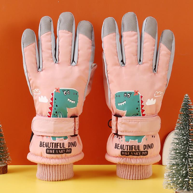 Mănuși de schi de iarnă pentru copii pentru căldură, catifea îngroșată, mănuși cu dinozaur mic, sporturi în aer liber, desen animat, degete, mănuși impermeabile