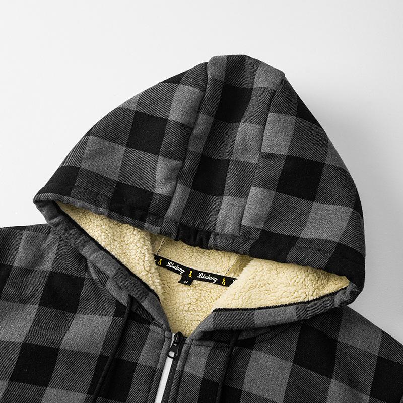 Autumn and Winter Zipper Pocket Cardigan Knitted Jacket with Thick Lamb Wool Lining Hooded Checkered Cardigan Sweatshirt