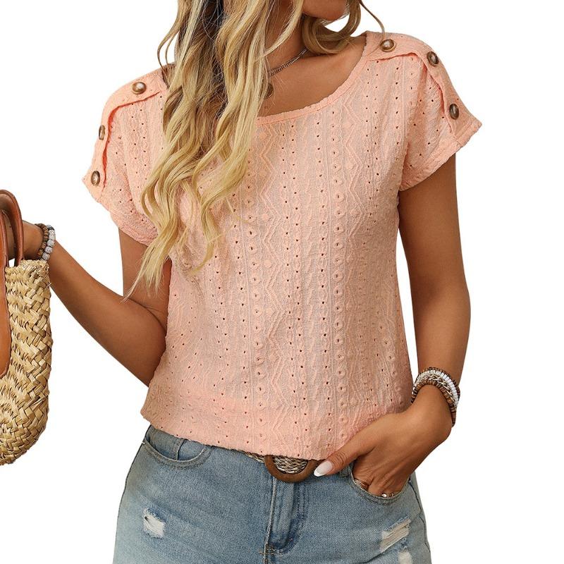 Women's Spring and Summer New Solid Colour Round Neck Button Short-sleeved T-shirt Hollowed Out Tops