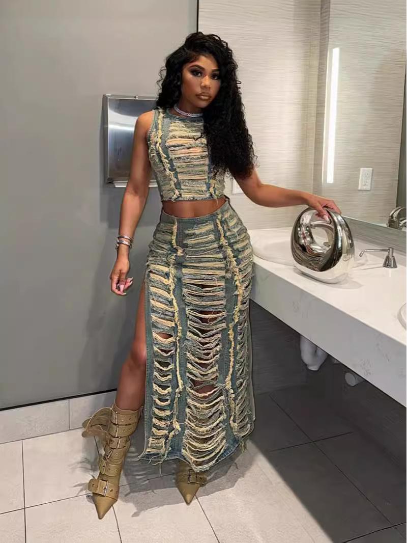 

Женский джинсовый комплект: юбка и жилет – Европейский и американский стиль ручной работы с эффектом потертости и высоким разрезом XXL