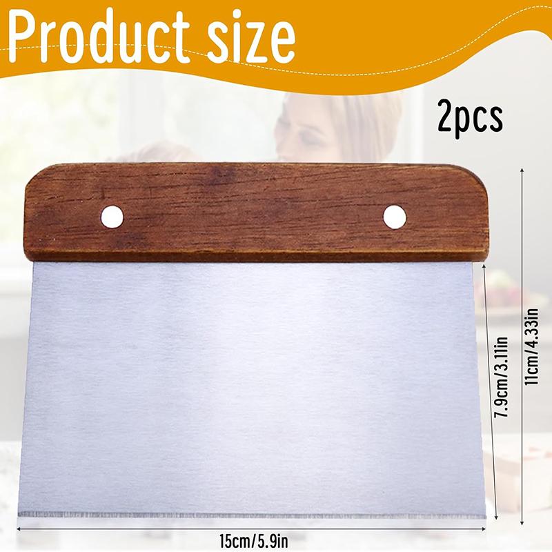 2Pcs Stainless Steel Dough Cutter with Wooden Handle Multipurpose Baking Scraper Cutter Bread Pastry Pizza Cake Kitchen Scraper