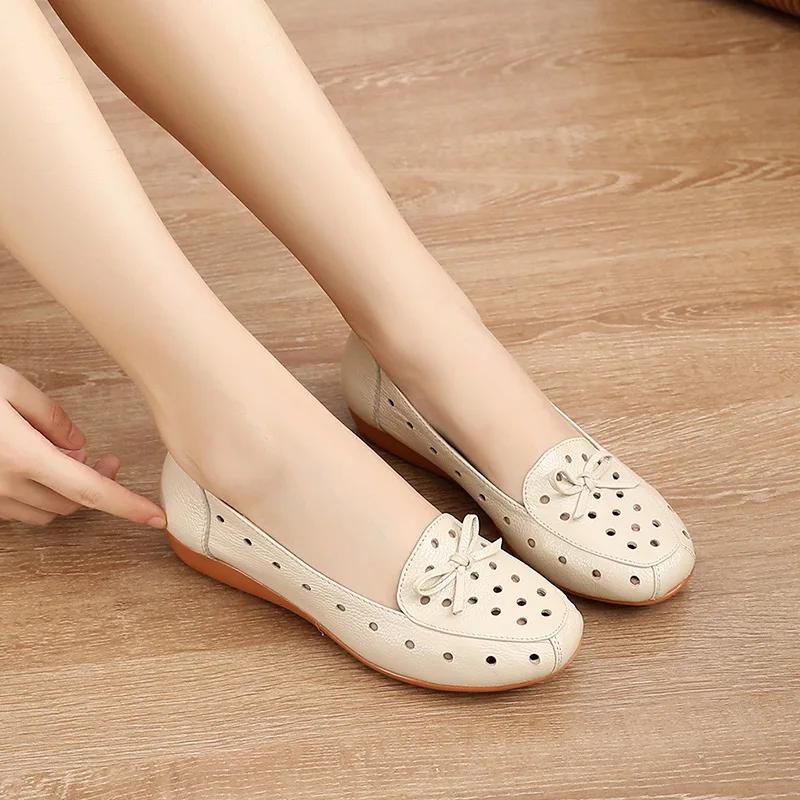Fashion Women Genuine Leather Shoes Ballet Flats Spring Ladies Flat Low Heel Bowknot Comfy Soft Leather Slip on Shoes for Female Zapatos