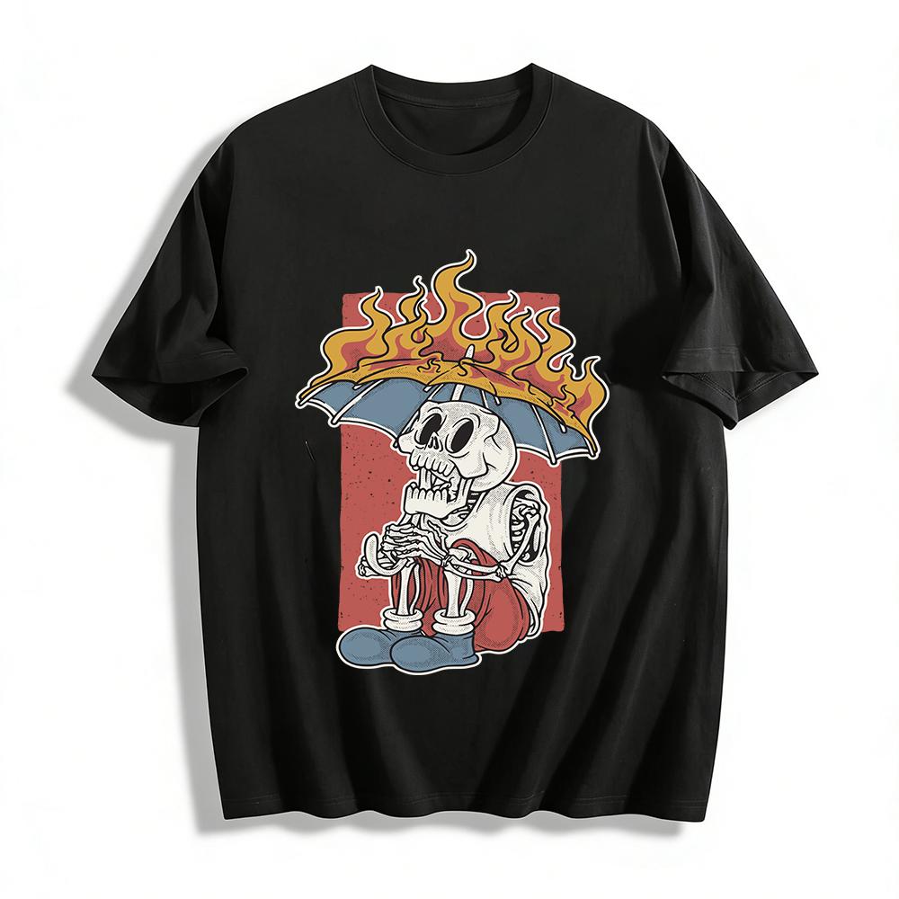 Skull Holding Burning Umbrella Graphic Tee Vintage American Street Style Oversized Casual Short Sleeve Pure Cotton T-shirt