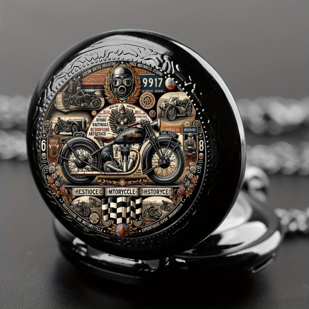 Antique Exquisite Vintage Motorcycle Pattern Design Quartz Pocket Watch - Men Male Kids Fashion Accessory, Non-Waterproof  Watch