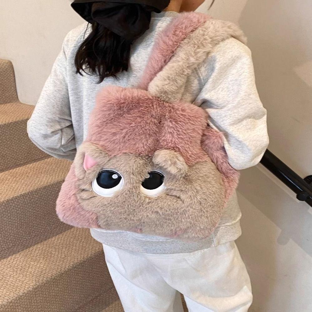 Handbag Cartoon Cat Shoulder Bag Large Capacity Furry Tote Bag Gifts Plush Bag  Autumn Winter