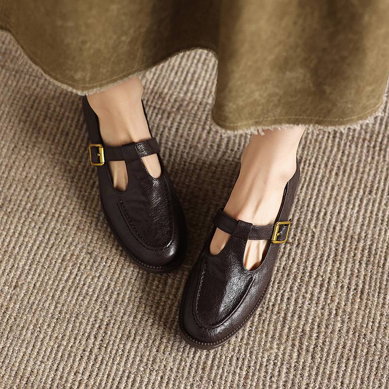 Krazing Pot Sheepskin Round Toe Thick Med Heels Spring Shoes Slip on Big Size 42 Loafers Women Metal Buckle Pleated Pumps