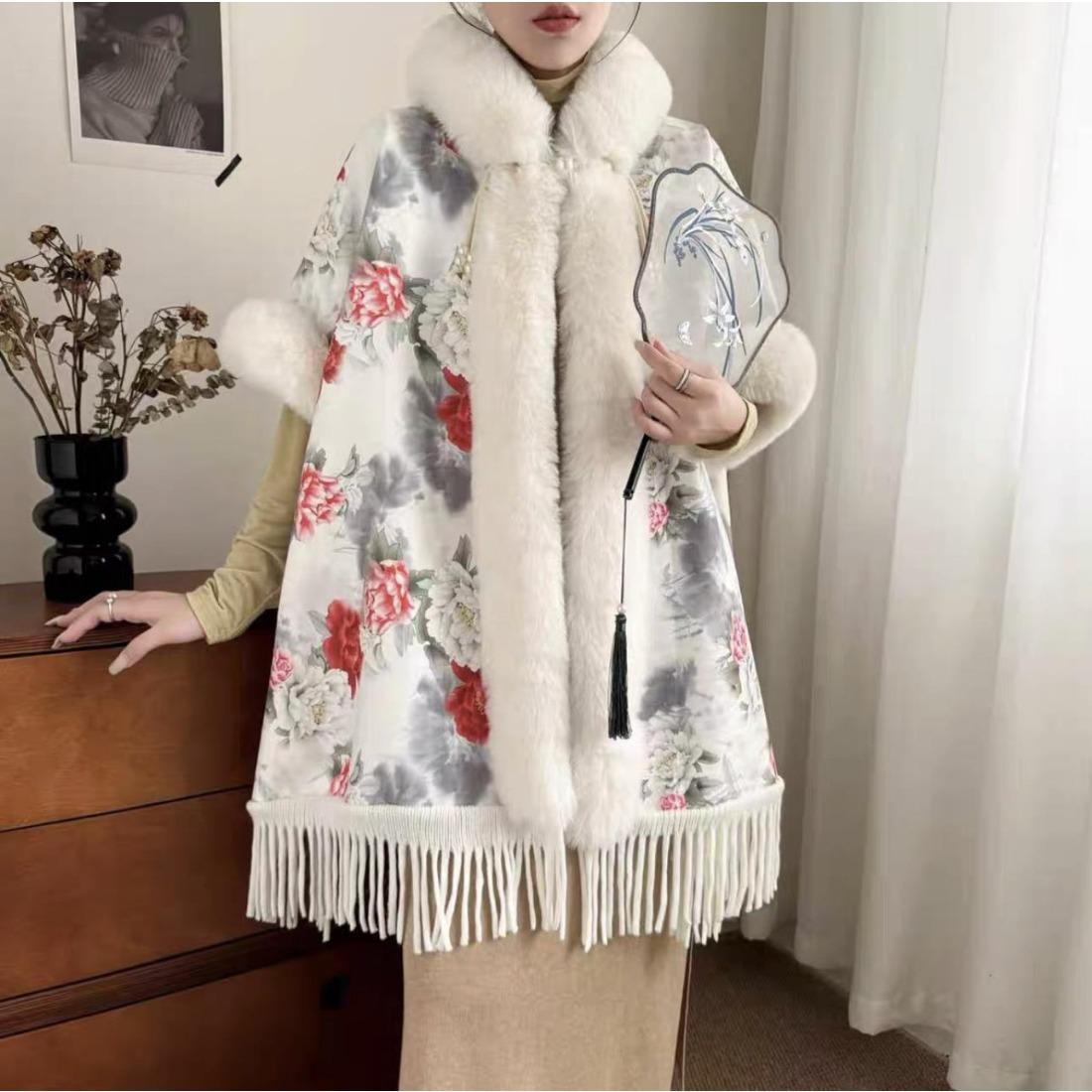 

Меховой воротник с бахромой, шаль, плюшевая утолщенная накидка в национальном стиле, шерстяная куртка с капюшоном в иностранном стиле для женщин 0018 # One Size