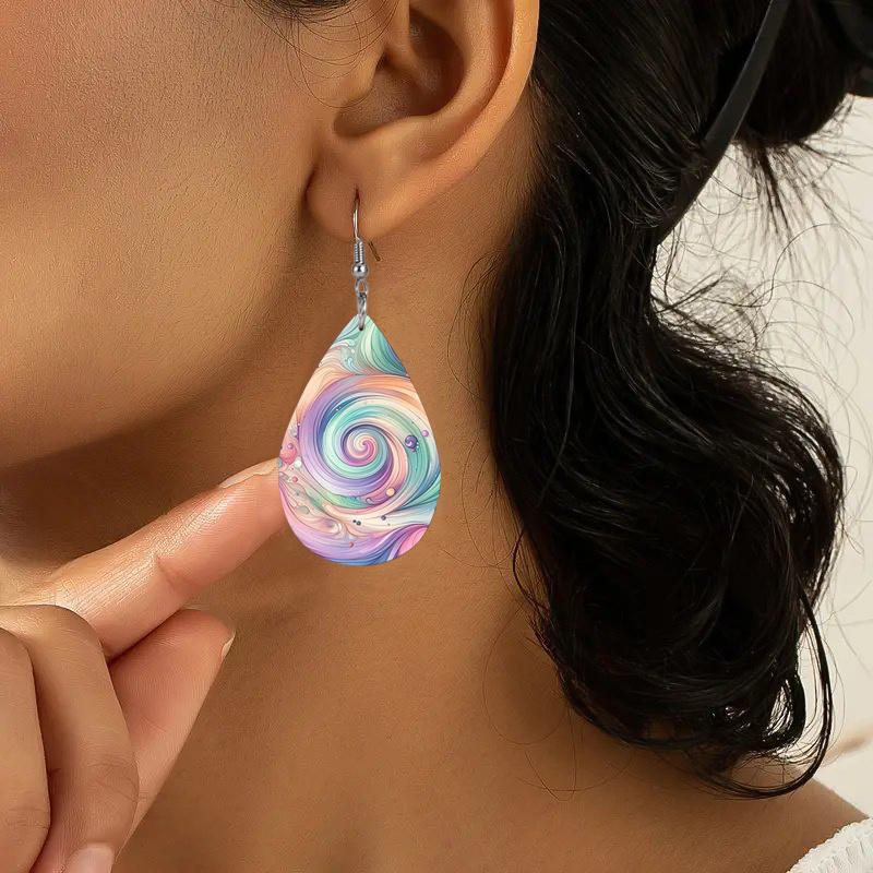 Pink Colorful Swirl Painting PU Leather Earrings For Women Creative Purple Marble Pattern Teardrop Earrings