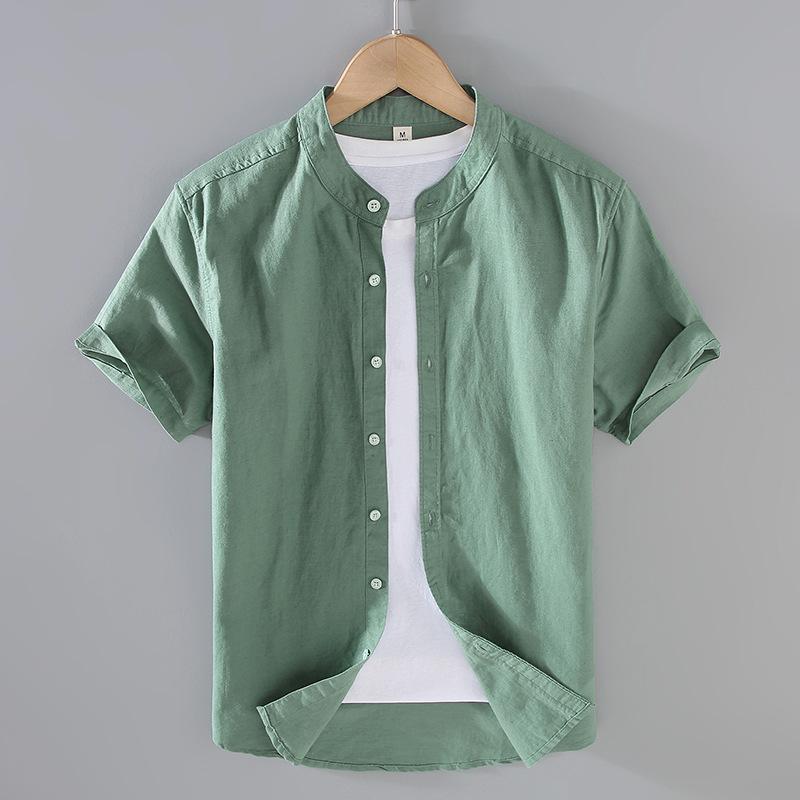 Cotton Linen Men's Short-Sleeved Shirts Summer Streetwear Plain Color Stand Collar Casual Beach Style Plus Size XS-3XL